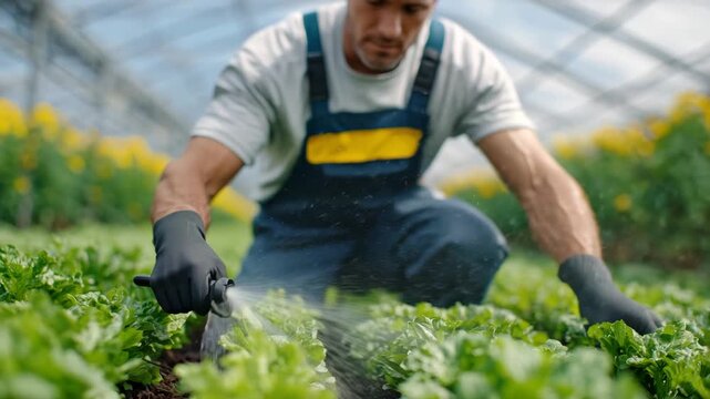 490Wide-angle close-up of two workers spraying crops, rows of vegetables or flowers under sunlight, mist drifting in greenhouse air, protective clothing and gloves emphasized