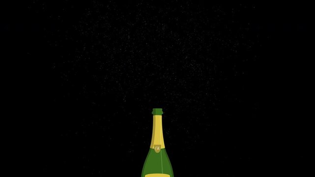 Champagne bottle from which the cork plug shoots out followed by explosion with gold glitters, bubbles, particles. Transparent background, alpha channel. Overlay animation video with loop.