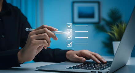 Person interacting with laptop and digital checklist
