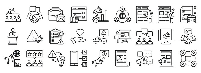 Public Relations icon collection. Containing design business, public relations, management, corporate	