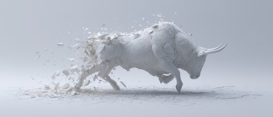Minimalist Portrayal of Abstract Bull in Dynamic Motion Through Splinters