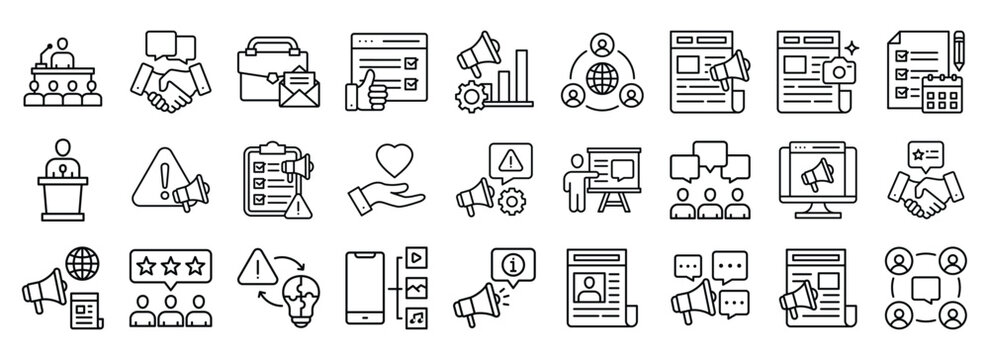 Public Relations icon collection. Containing design business, public relations, management, corporate	