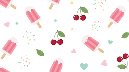 Seamless summer pattern featuring pink popsicles, red cherries, mint hearts, and green leaves on a clean white background for design.