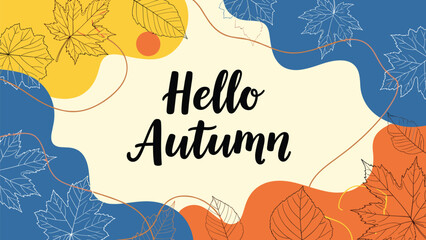 Fototapeta premium Hello Autumn background featuring colorful abstract shapes, white hand-drawn leaf outlines, and elegant black script calligraphy for text.