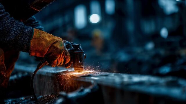 Closeup medium shot of a mechanic welding parts on a large mining shovel highlighting sparks and tool details against a defocused workshop.