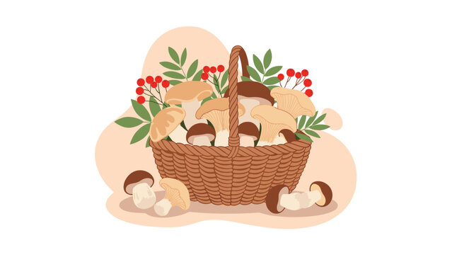 Wicker basket overflowing with various forest mushrooms and red berries on a soft warm background for autumn and nature themes.