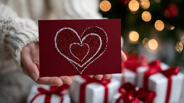 517Macro of a glittery Valentine&rsquo;s Day card, hands holding it over a pile of small gifts and ribbons