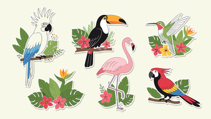 Obraz premium Colorful tropical bird sticker set featuring toucan flamingo and parrot with exotic flowers and jungle leaves.