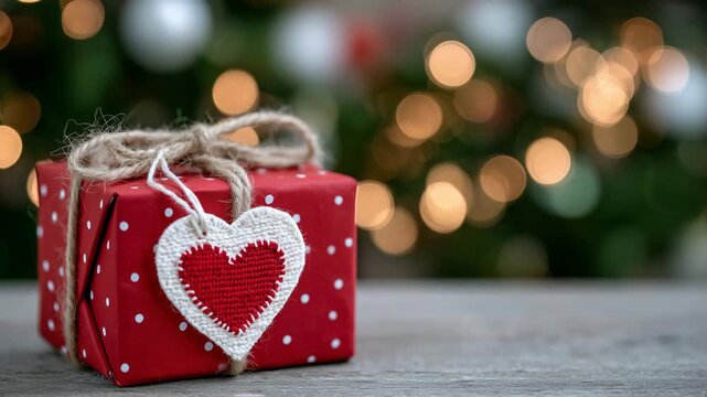 528Close-up of small gift wrapped in red paper, twine bow with heart tag, soft bokeh lights in background