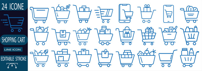 Shopping cart line icon set, blue online grocery basket, retail store trolley, delivery package, food bag, mobile market, and more vector illustration with editable stroke. © Purnima
