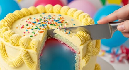 Obraz premium A hand cuts into a vibrant yellow cake with colorful sprinkles, revealing a bright blue interior, amidst festive balloons and party decorations.