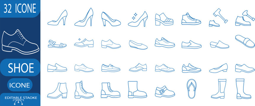 Shoe line icon set, blue high heels, casual sneakers, leather boots, formal loafers, fashion sandals, and more vector illustration with editable stroke.