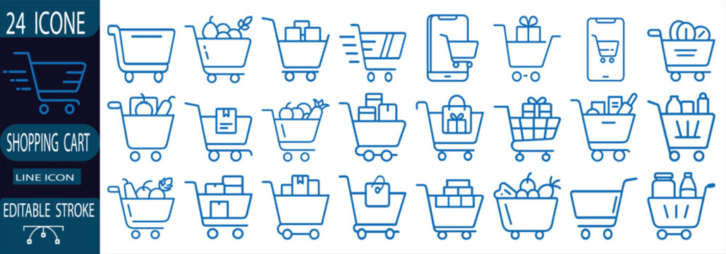 Shopping cart line icon set, blue online grocery basket, retail store trolley, delivery package, food bag, mobile market, and more vector illustration with editable stroke.
