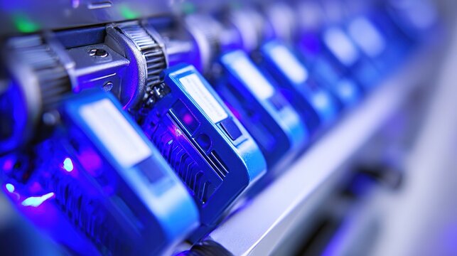 rack. Close-up of glowing blue server rack lights creating an abstract technological pattern on a dark background. product launch decks.