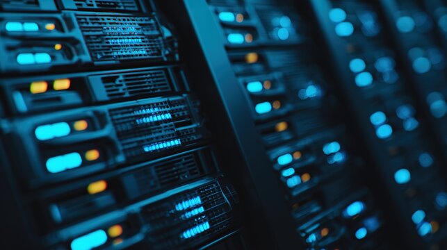 rack. Close-up of glowing blue server rack lights creating an abstract technological pattern on a dark background. product launch decks.