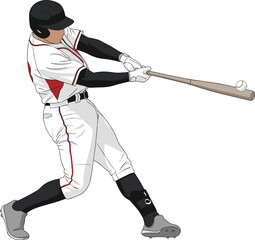 Obraz premium Baseball player hitting ball with bat, powerful batter swing sports vector illustration isolated on white background