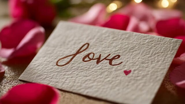 546Macro shot of handwritten love note on textured paper, surrounded by rose petals, soft warm lighting