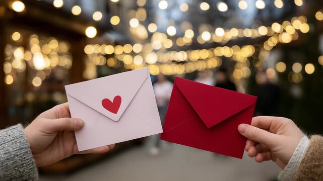 548Two hands exchanging Valentine&rsquo;s cards, blurred string lights in background, soft romantic glow