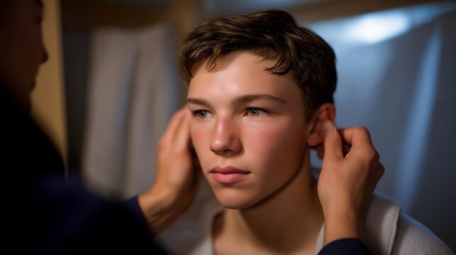 Routine medical checkups include hearing testing to evaluate auditory performance, communication ability, and overall sensory health. cinematic color correction, natural uneven lighting yet gentle