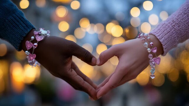 560Macro of intertwined hands with bracelets forming a heart shape, soft warm light, Valentine&rsquo;s Day intimacy concept