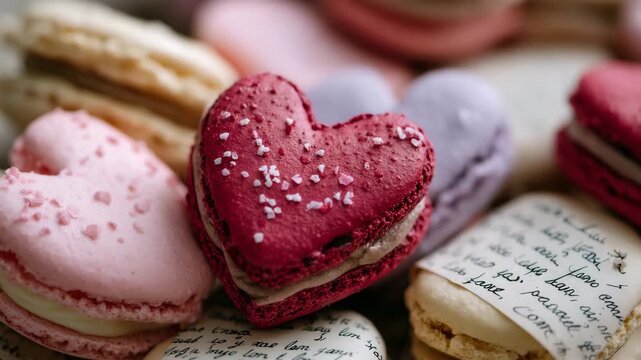 561Close-up of pink and red heart-shaped macarons in a circle, small notes tucked between, pastel Valentine&rsquo;s aesthetic