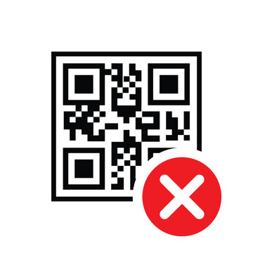 QR code with a red 'X' cross mark icon. Vector graphic representing a failed scan, invalid link, denied digital payment, or error during mobile transaction on a clean white background.