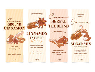 Various cinnamon product labels, on a white background, demonstrate the many ways they can be used in cooking and baking.