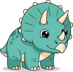 A cartoon triceratops dinosaur with a friendly expression standing in a plain background from a slightly angled viewpoint