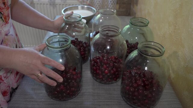 cherry compote in jars on table, housewife prepares canned compotes in jars in kitchen