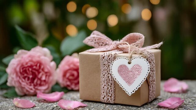 585Macro shot of small gift box with heart-shaped tag, delicate ribbon and soft rose petals, cozy and romantic Valentine&rsquo;s aesthetic