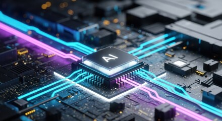 Artificial intelligence processing unit at the core of a glowing circuit board