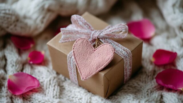 589Macro shot of small gift box with heart-shaped tag, delicate ribbon and soft rose petals, cozy and romantic Valentine&rsquo;s aesthetic
