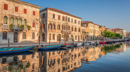 Naklejka premium gondolas. Historic canal lined with stone buildings and gondolas, reflecting in the calm morning water. real-estate listings. 