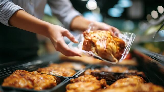 Angled close-up of a person selecting broiler chicken from a refrigerated display, hands lifting a sealed package, neatly arranged poultry products on shelf, modern supermarket lig