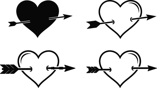 Set of heart with arrow silhouettes and line art icons featuring romantic cupid symbols and love shapes isolated on white background for design