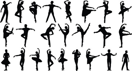 Ballet dance silhouettes set, graceful male and female dancers performing classical poses leaps and turns, elegant theatrical movement, black vector illustration collection