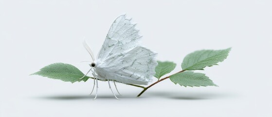Minimalist White Moth Argyrotaenia Citrana Perched on Green Leaf