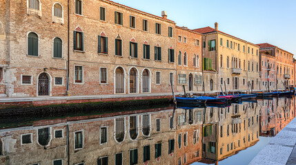 Naklejka premium gondolas. Historic canal lined with stone buildings and gondolas, reflecting in the calm morning water. real-estate listings. 