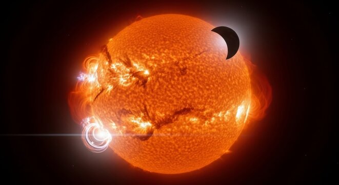 Solar eclipse with intense solar flares and a massive sunspot viewed from space against a dark cosmic background