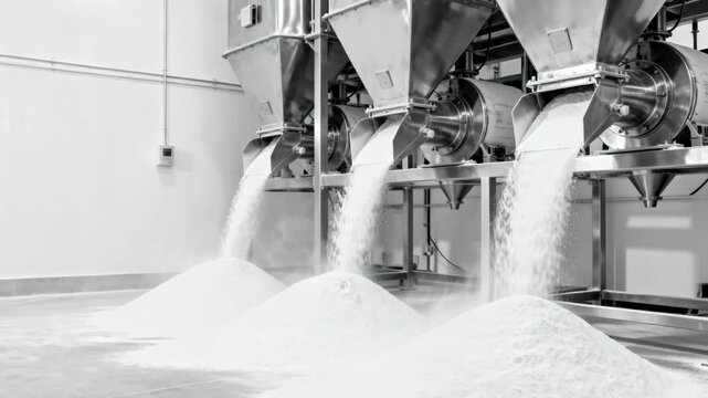 A medium shot captures automated bagging chutes dispensing refined starch powder against spotless white walls emphasizing hygiene and efficiency.