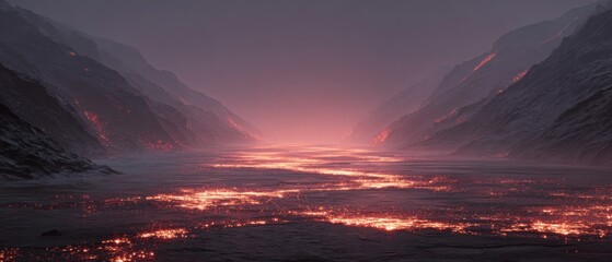 Fiery Magma Rivers Flowing Through Minimalist Landscape at Dusk