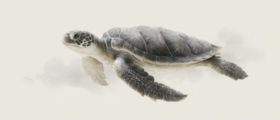 Japanese Minimalism Art of Loggerhead Turtle Swimming Gracefully