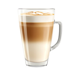 Glass mug of layered latte coffee with foam and milk isolated on transparent background