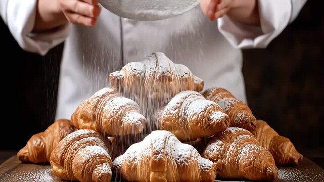 Close-up of a baker's hands dusting powdered sugar over a pile of freshly baked croissants on a wooden table with a dark background.