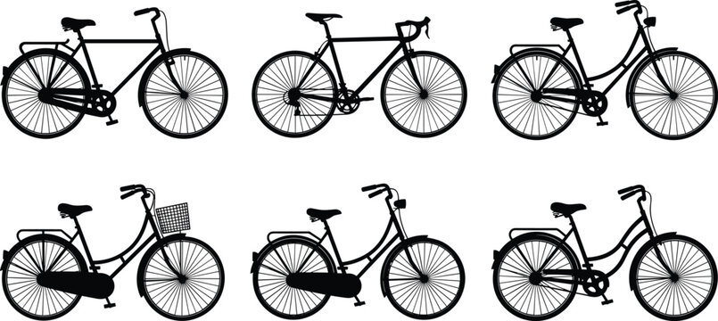 Set of vintage city bicycle silhouettes featuring classic retro lady bikes and road bicycles with baskets and carriers isolated on white background vector
