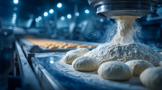 Large industrial stainless steel mixer pours dough in a food plant with flour dust in the air and a production line of bread buns.