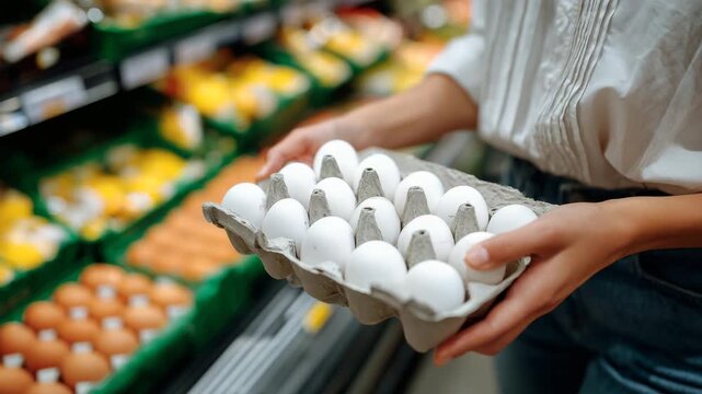 Close-up of a shopper holding a carton of eggs while browsing, refrigerator shelves stocked with eggs in the background, focus on organic and fresh food shopping