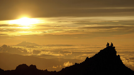 climbers. Mountain peak landscape with two climbers silhouette against a vibrant sunrise sky. travel magazines, destination branding, designed for travel destination branding, used by ux designers.
