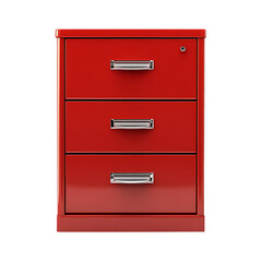 Vertical red metal three drawer filing cabinet with silver handles and lock for office document organization and business storage furniture item isolated on transparent background