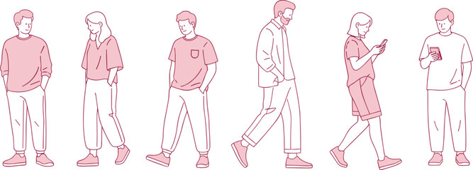 Minimal line people illustration, modern men and women standing and walking with smartphones, casual lifestyle outline vector characters isolated on white background